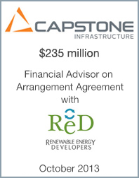 October 1, 2013: Origin Merchant Partners Advises Capstone Infrastructure Corp. on its Arrangement Agreement with Renewable Energy Developers Inc.