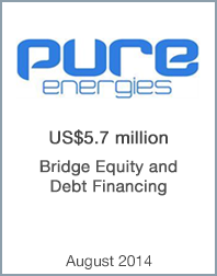 August 2014: Origin Merchant Securities Inc. Arranges US$5.7million in Bridge Equity and Debt Financing for Pure Energies Group to Support its Sale to NRG Energy, Inc.