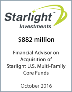 October 2016: Origin Merchant Partners Acts as Exclusive Financial Advisor to Starlight U.S. Multi-Family Core Funds on Acquisition by Starlight U.S. Multi-Family (No.5) Core Fund