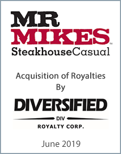June 2019: Origin Merchant Partners Advises Mr. Mikes on sale of Mr. Mikes Royalty to Diversified Royalty Corp.
