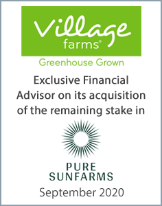 September 2020: Origin Merchant Partners advises Village Farms on its acquisition of the remaining stake in Pure Sunfarms from Emerald Health