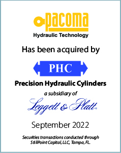 September 2022: Origin Merchant Partners advises Pacoma Holding S.a.r.l. on the sale of its hydraulic cylinder technology businesses to Precision Hydraulic Cylinders, a subsidiary of Leggett & Platt, Inc. (NYSE: LEG)