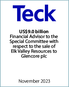 November 2023: Origin Merchant Partners acts as Financial Advisor to the Special Committee of Teck Resources on the sale of Elk Valley Resources to Glencore plc