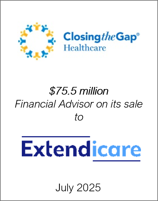 July 2025: Origin Merchant Partners acted as Financial Advisor to Closing the Gap Healthcare Group on its sale to Extendicare.